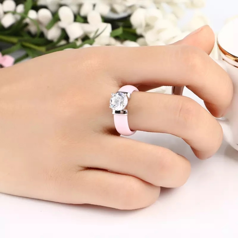 NEW Pink Ceramic Diamond Engagement Ring - Picture 5 of 16